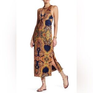 Free People Boho Maxi Dress Sin City Midi Stretch Psychedelic Paisley XS Navy